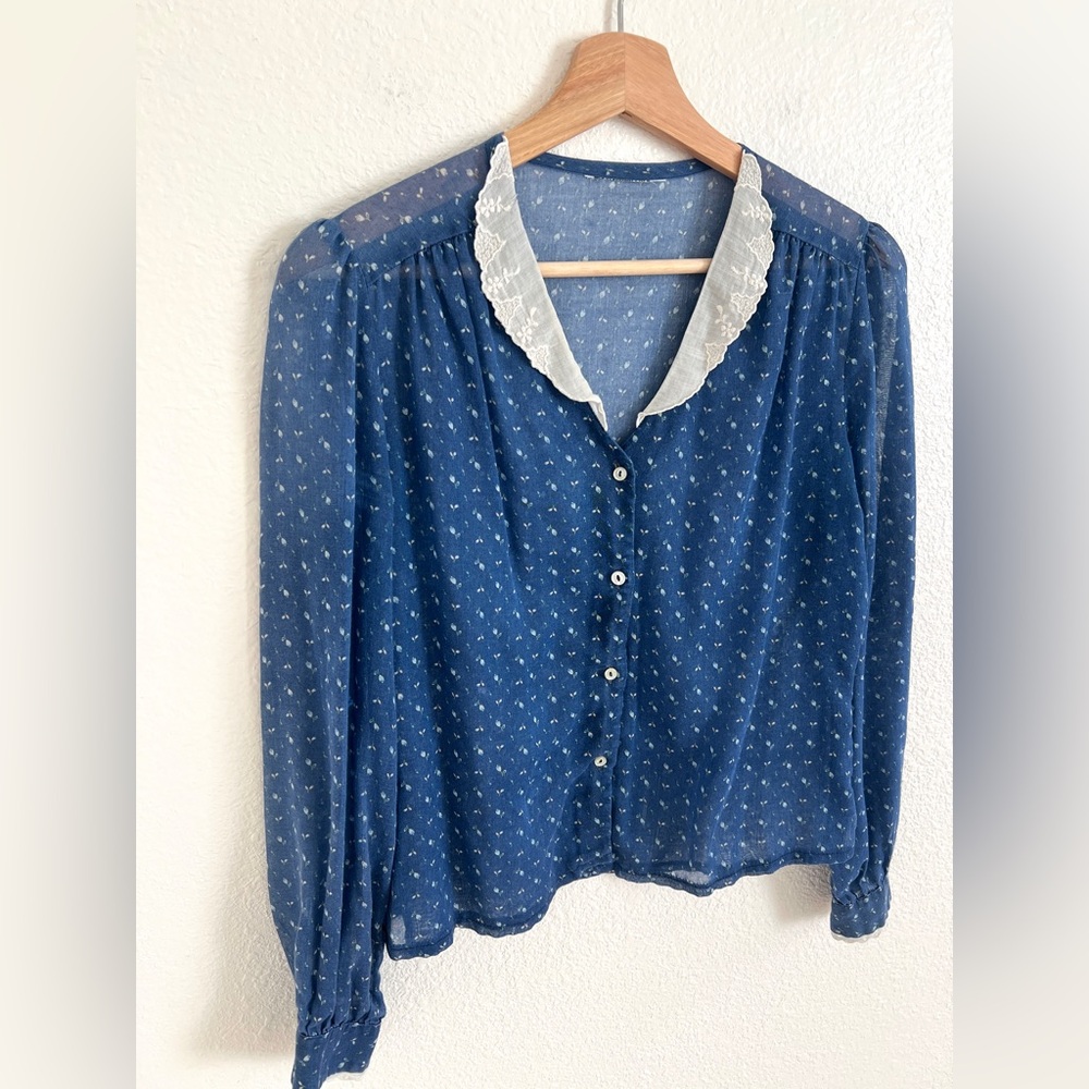 VINTAGE prairie thin blue floral lace collar blouse / size S - Picture 2 of 5